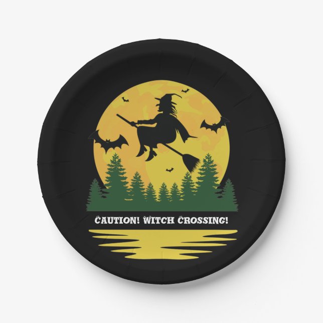 Halloween Kaution Hexe überquert flying Broomstick Pappteller (Vorderseite)
