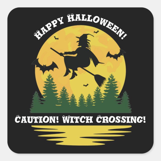 Halloween Kaution Hexe überquert flying Broomstick Quadratischer Aufkleber (Vorderseite)