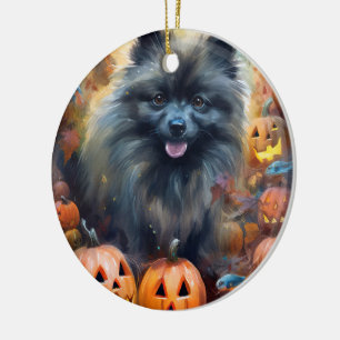 Halloween Keeshond mit Kürbissen Gruselig Keramik Ornament
