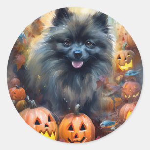 Halloween Keeshond mit Kürbissen Gruselig Runder Aufkleber