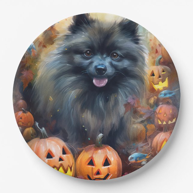 Halloween Keeshond mit Pumpkins Beängstigend Pappteller (Vorderseite)
