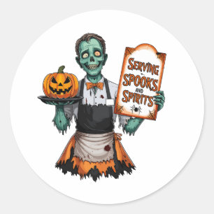 Halloween-Kellner serviert Speisen und Spirituosen Runder Aufkleber