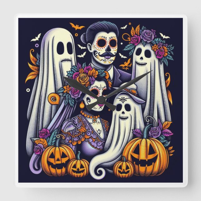 Halloween Kids Adventure - Vintages Design Quadratische Wanduhr (Vorderseite)