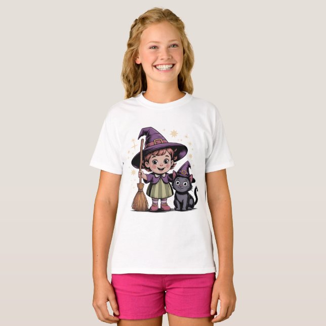 Halloween Kids Witch Girl Cat T-Shirt (Vorne ganz)