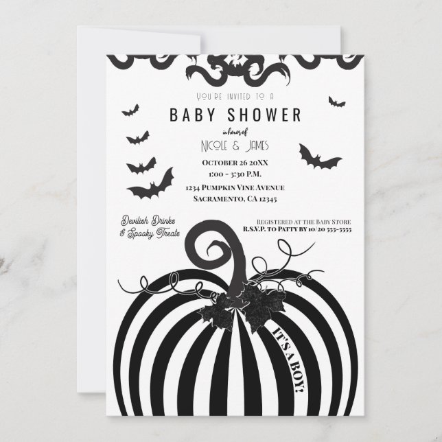 Halloween-Kinderdusche aus Schwarz-Weiß-Kürbis Einladung (Vorderseite)