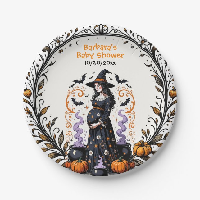 Halloween-Kinderdusche - Triplets brauen Pappteller (Vorderseite)