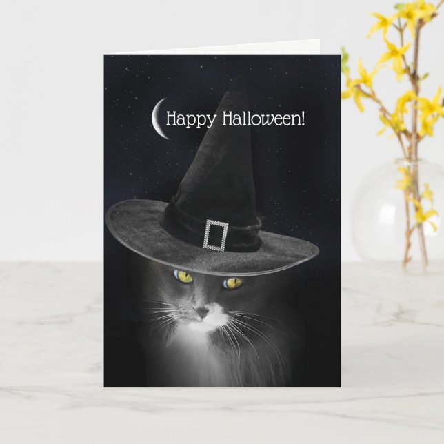 Halloween Kitty mit Hexenhut Darling und Niedlich Karte (Gelbe Blume)