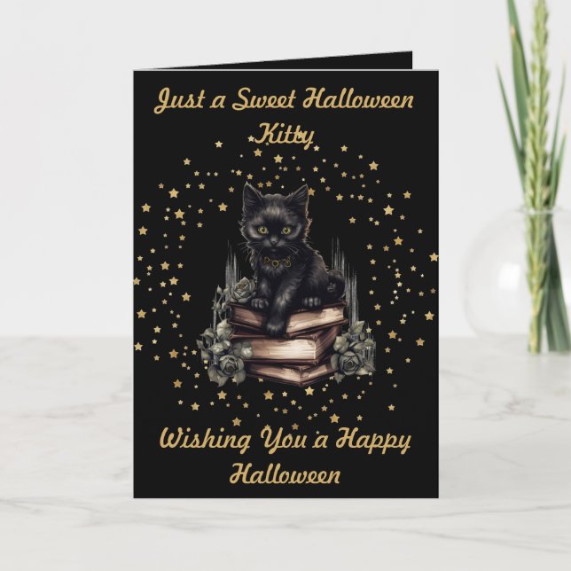 Halloween Kitty mit Imitate Gold Stars & Books Car Dankeskarte (Vorderseite)