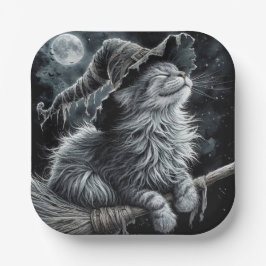 Halloween Kitty On Brromstick Pappteller