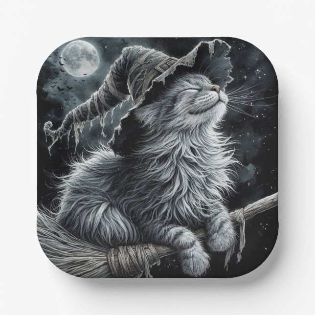 Halloween Kitty On Brromstick Pappteller (Vorderseite)