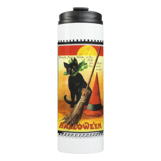 Halloween Kitty Sitting Hexenhut Thermosbecher (Vorderseite)