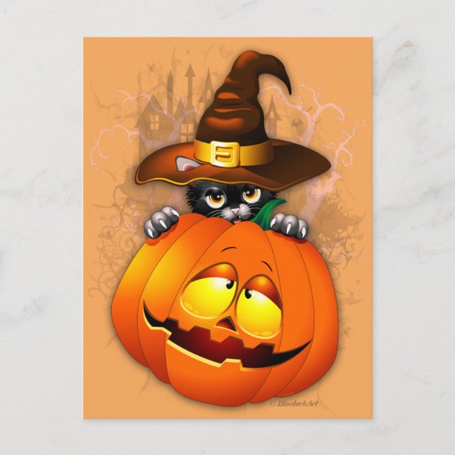 Halloween Kitty Witch and Pumpkin Friend Postcard Postkarte (Vorderseite)