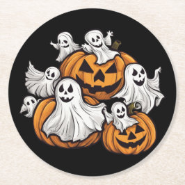 Halloween: Kleine Geister mit Kürbissen -  Runder Pappuntersetzer