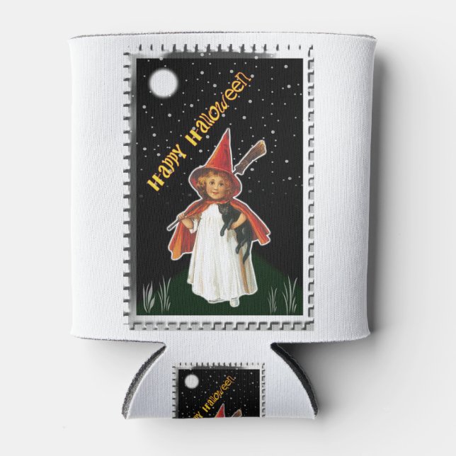 Halloween - Kleines Mädchen mit Broom und schwarze Dosenkühler (Vorderseite)