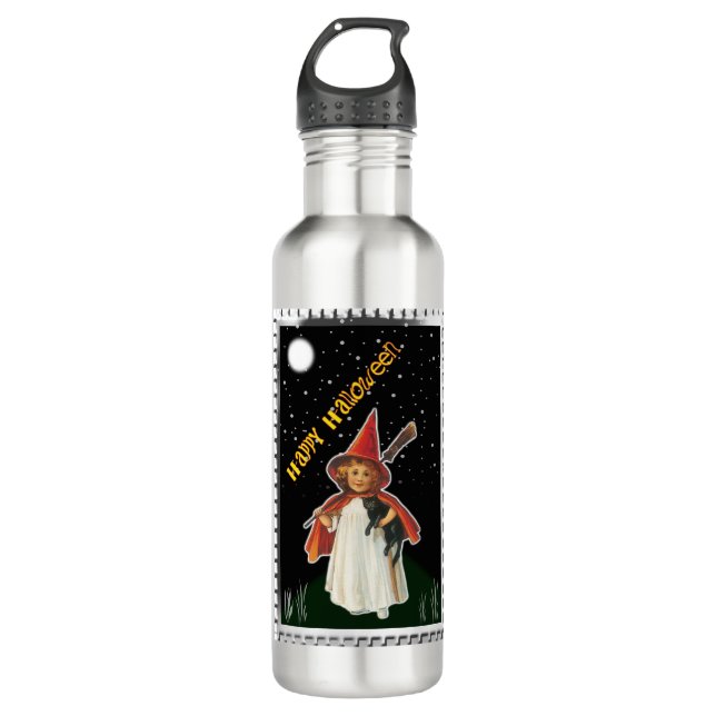 Halloween - Kleines Mädchen mit Broom und schwarze Edelstahlflasche (Vorderseite)