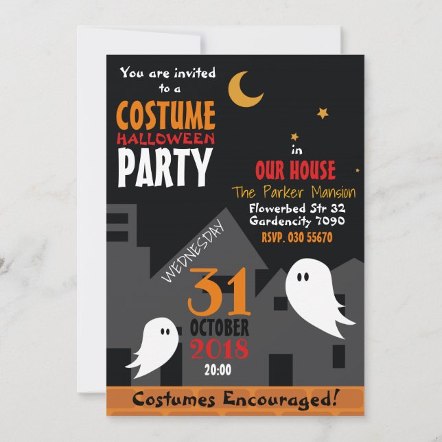 Halloween Kostüm Party Geist Stadt Cartoon Spookie Einladung (Rückseite)