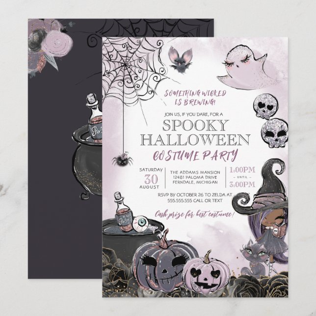 Halloween Kostüm Party Niedlich Spooky Hexe Lila Einladung (Vorne/Hinten)