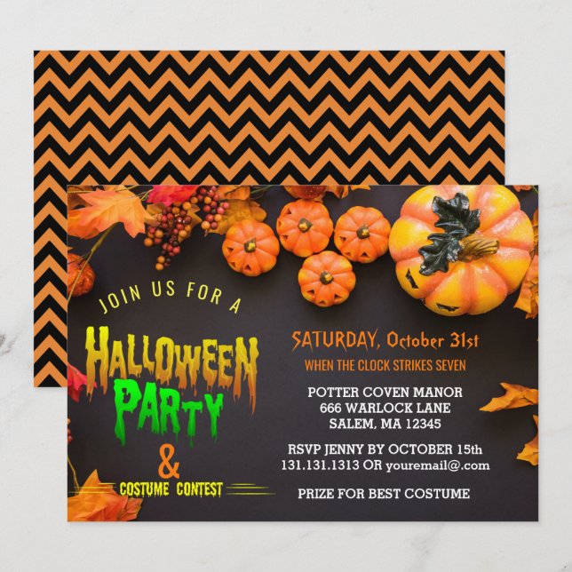 Halloween-Kostüm-Party-Schwarz-Orange Einladung (Vorne/Hinten)