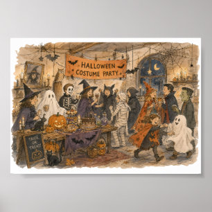 Halloween-Kostüm Party Szene Illustration Poster