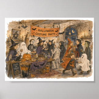 Halloween-Kostüm Party Szene Illustration Poster