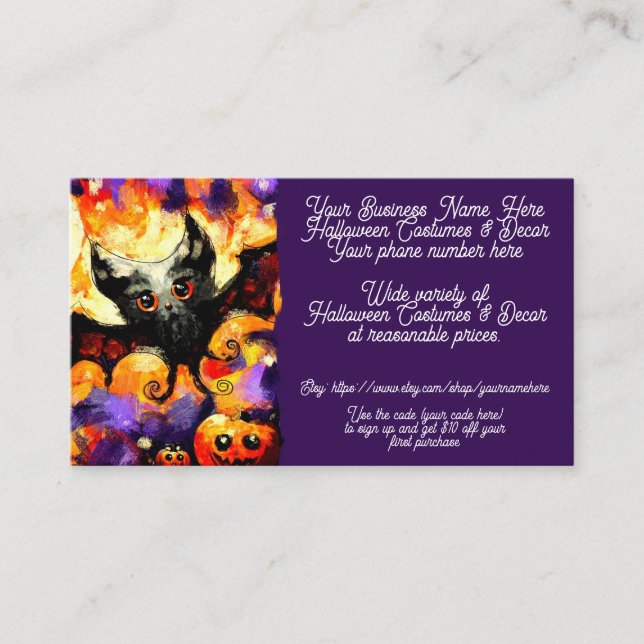 Halloween Kostüme & Deco Bat Shop Sales Etsy Visitenkarte (Vorderseite)