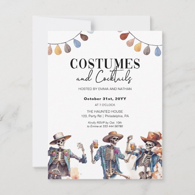 Halloween Kostüme und Cocktails Skeleton invitati Ankündigung (Vorderseite)