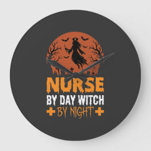 Halloween-Krankenschwester bei Tag, Hexe bei Nacht Große Wanduhr