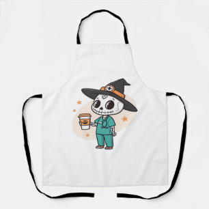 Halloween-Krankenschwester mit Kaffee und Hexenhut Schürze