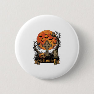 Halloween Kreuz Grabstein Totenkopf Kürbis Schwarz Button