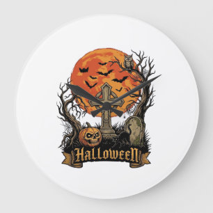 Halloween Kreuz Grabstein Totenkopf Kürbis Schwarz Große Wanduhr