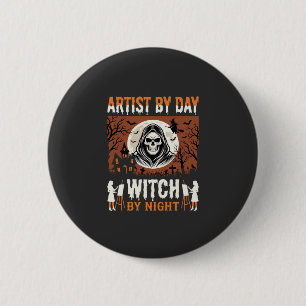 Halloween-Künstler bei Tag, Hexe bei Nacht Design Button