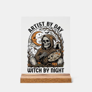 Halloween-Künstlerin Hexe Vintage-Stich Kunst-T-Sh Acrylschild
