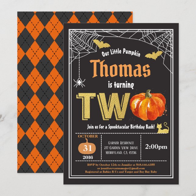 Halloween Kürbis 2. Geburtstag Party Schwarzes Gol Einladung (Vorne/Hinten)