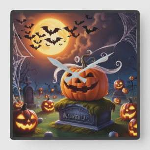 Halloween-Kürbis auf einem Grabstein Quadratische Wanduhr