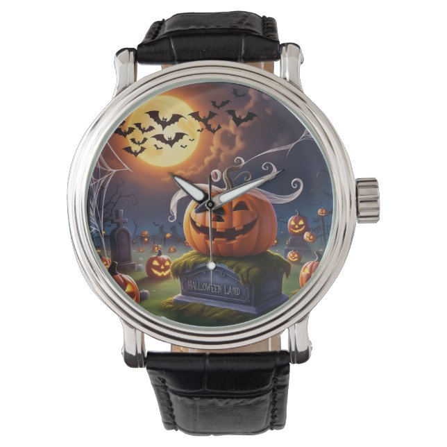 Halloween-Kürbis auf einen Kopfstein Armbanduhr (Vorderseite)