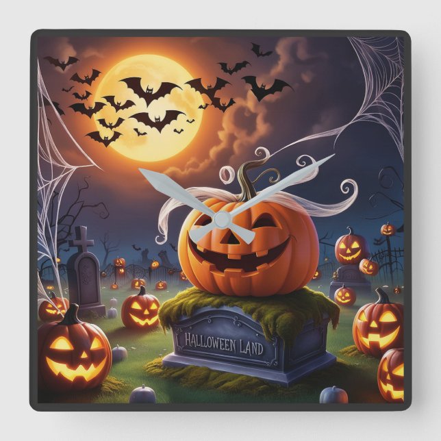 Halloween-Kürbis auf einen Kopfstein Quadratische Wanduhr (Vorderseite)