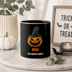 Halloween-Kürbis „BUH!“ – Personalisierter Name Zweifarbige Tasse