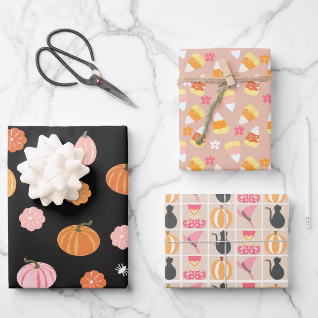 Halloween-Kürbis, Candy Mais, Black Cats Geschenkpapier Set (Vorderseite)