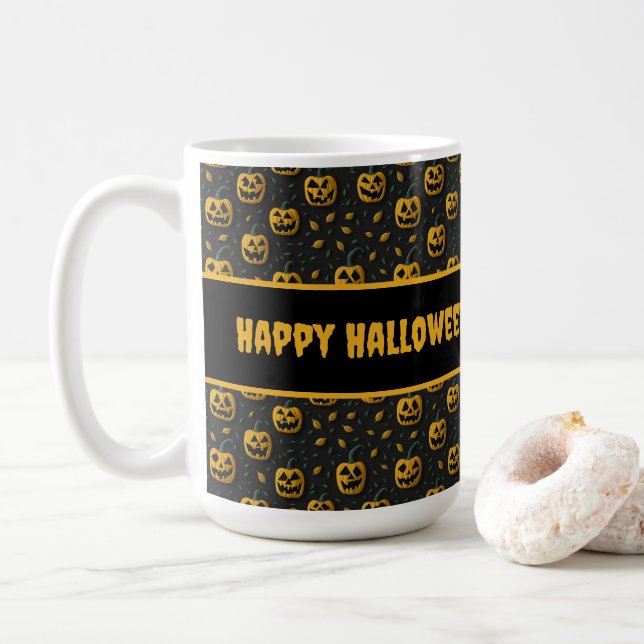 Halloween Kürbis Cartoon dunkler Kontrast Kaffeetasse (Mit Donut)