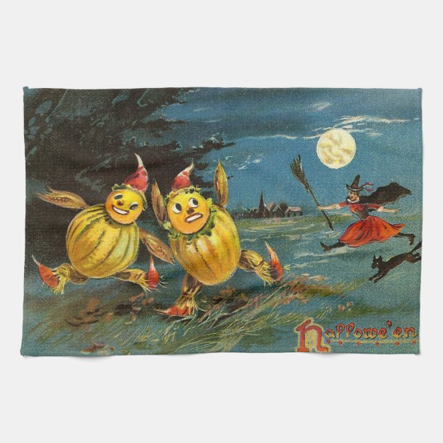 Halloween-Kürbis-Charaktere und Hexe Geschirrtuch (Horizontal)
