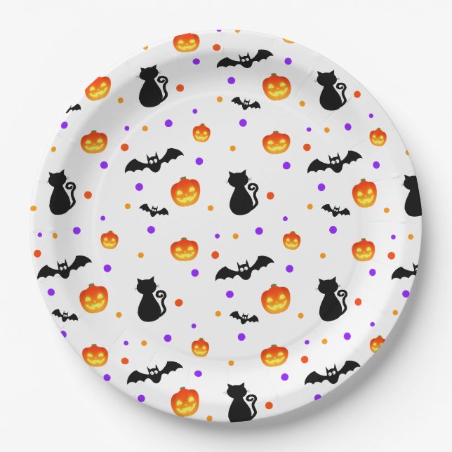 Halloween Kürbis, Fledermäuse und Katzen auf Weiß Pappteller (Vorderseite)