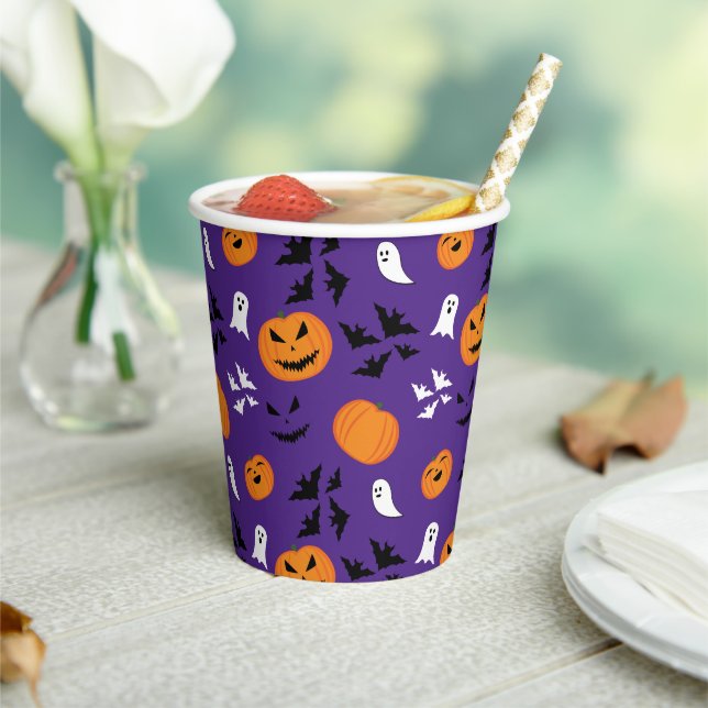 Halloween Kürbis Gespenster Fledermäuse lila Muste Pappbecher (In Situ)