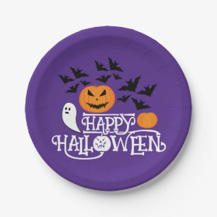 Halloween Kürbis Gespenster Fledermäuse lila Muste Pappteller