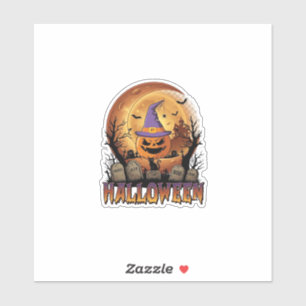 Halloween-Kürbis-Hexenhut-Schwarze Katze Vollmond_ Aufkleber