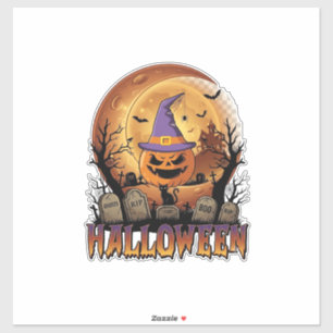 Halloween-Kürbis-Hexenhut-Schwarze Katze Vollmond_ Aufkleber