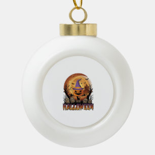 Halloween-Kürbis-Hexenhut-Schwarze Katze Vollmond_ Keramik Kugel-Ornament