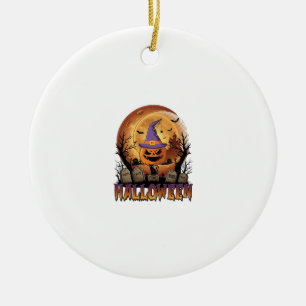 Halloween-Kürbis-Hexenhut-Schwarze Katze Vollmond_ Keramik Ornament