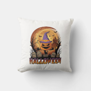 Halloween-Kürbis-Hexenhut-Schwarze Katze Vollmond_ Kissen