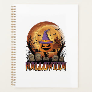 Halloween-Kürbis-Hexenhut-Schwarze Katze Vollmond_ Planer