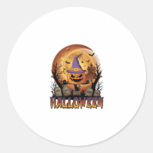 Halloween-Kürbis-Hexenhut-Schwarze Katze Vollmond_ Runder Aufkleber